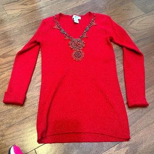 Once 1 Again Red Glitter Beaded Neck Sweater Shirt Top Size Petite Medium